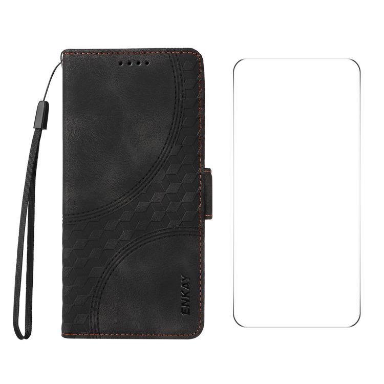 For Motorola Moto G35 ENKAY Embossed Rhombus Starry Leather Phone Case with Screen Film(Black)