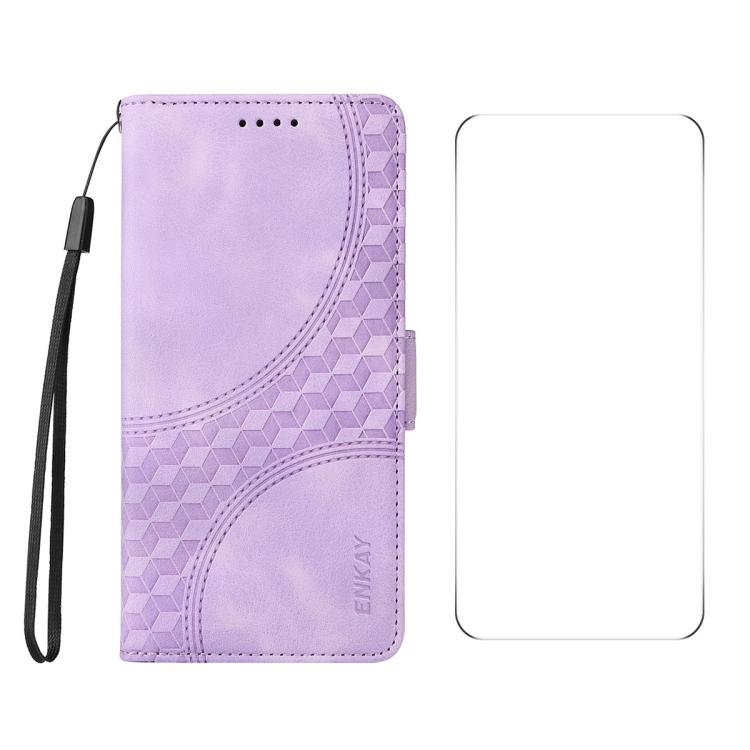 For Motorola Moto G75 ENKAY Embossed Rhombus Starry Leather Phone Case with Screen Film(Purple)