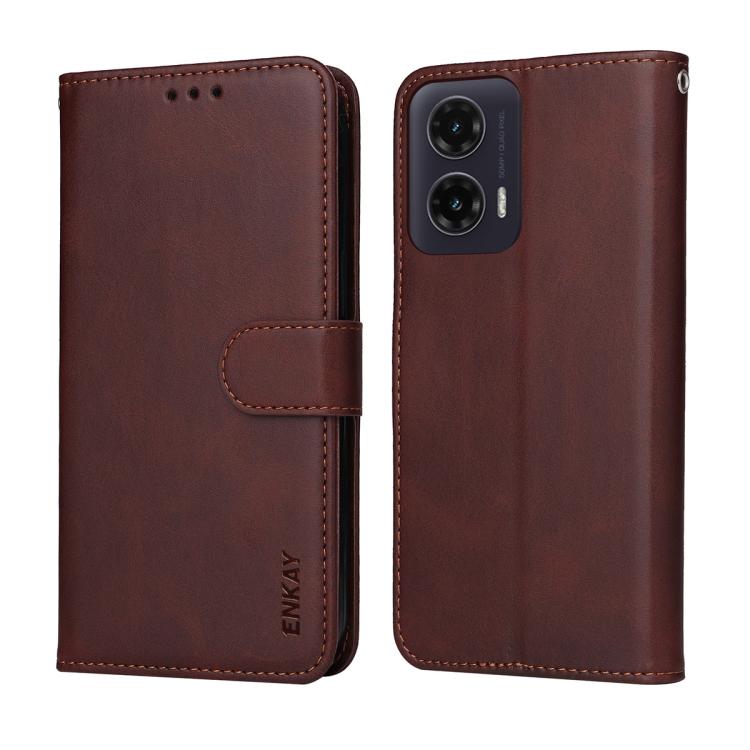 For Motorola Moto G35 ENKAY Card Wallet Calf Texture Leather Phone Case with Screen Film(Red)