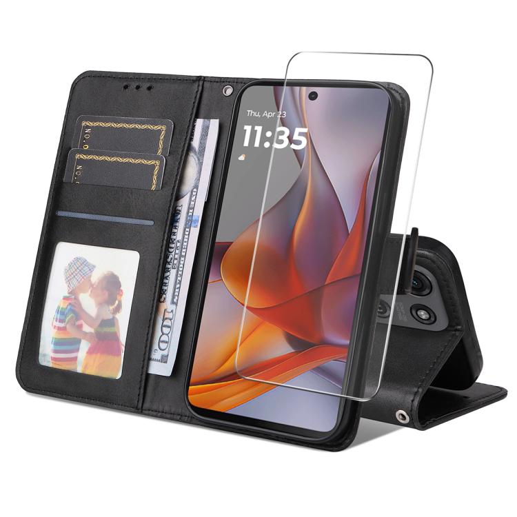 For Motorola Moto G75 ENKAY Card Wallet Calf Texture Leather Phone Case with Screen Film(Black)
