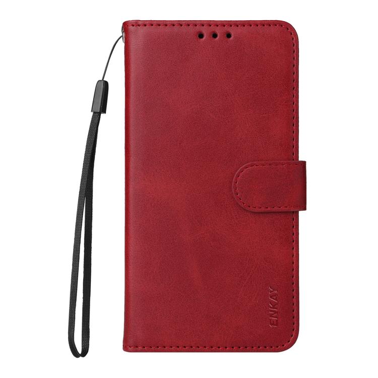 For Motorola Moto G75 ENKAY Card Wallet Calf Texture Leather Phone Case with Screen Film(Red)