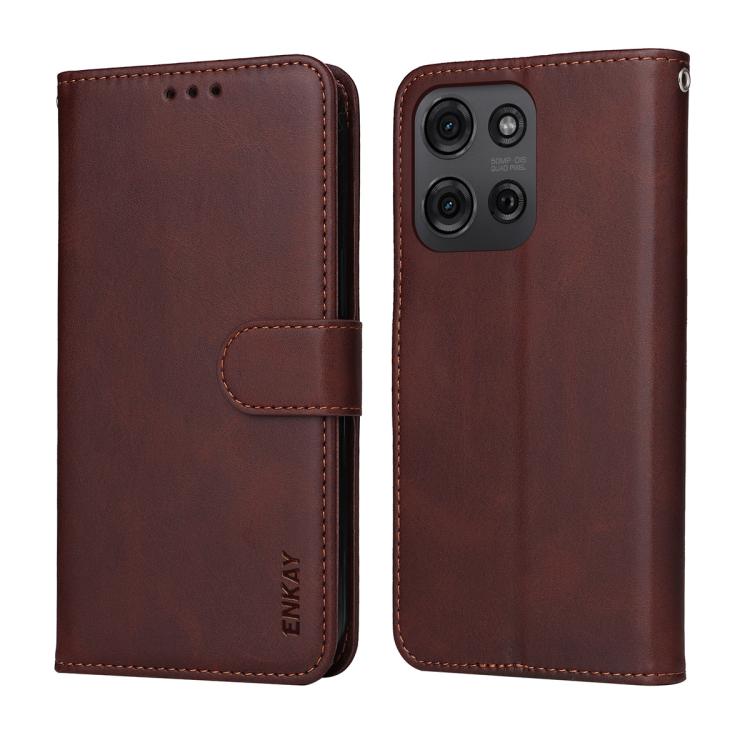 For Motorola Moto G75 ENKAY Card Wallet Calf Texture Leather Phone Case with Screen Film(Red)