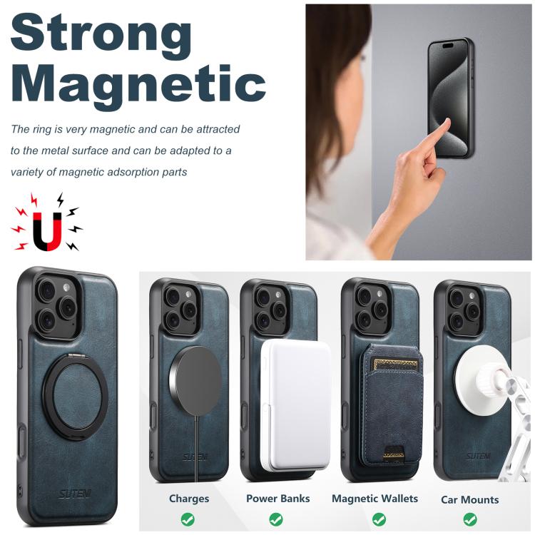 For iPhone 16 Pro Suteni G3 Oil Wax 360 Rotation Holder MagSafe Back Phone Case(Blue)