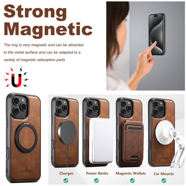 For iPhone 14 Suteni G3 Oil Wax 360 Rotation Holder MagSafe Back Phone Case(Brown)