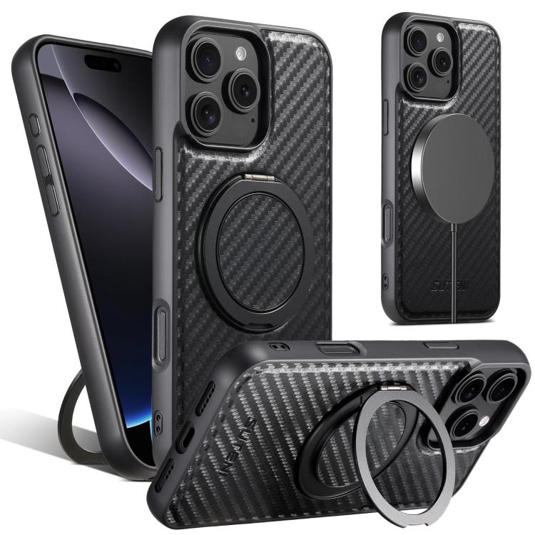 For iPhone 16 Pro Max Suteni G3 Carbon Fiber Leather 360 Rotation Holder MagSafe Phone Case(Black)