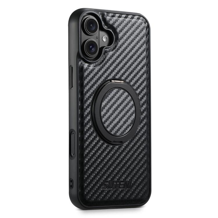 For iPhone 16 Plus Suteni G3 Carbon Fiber Leather 360 Rotation Holder MagSafe Phone Case(Black)