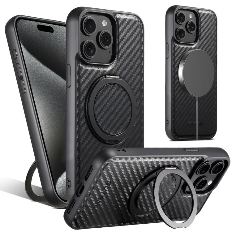 For iPhone 15 Pro Max Suteni G3 Carbon Fiber Leather 360 Rotation Holder MagSafe Phone Case(Black)