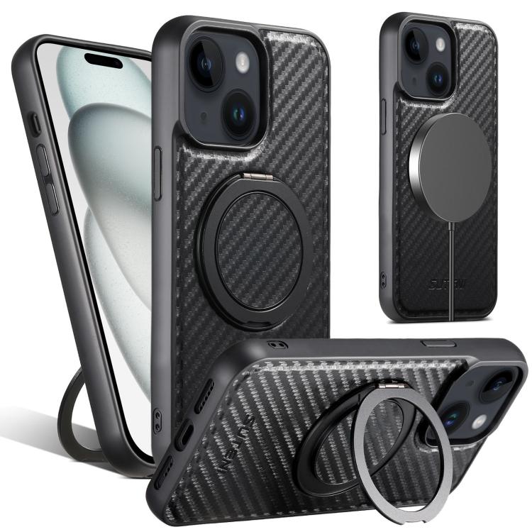 For iPhone 15 Suteni G3 Carbon Fiber Leather 360 Rotation Holder MagSafe Phone Case(Black)