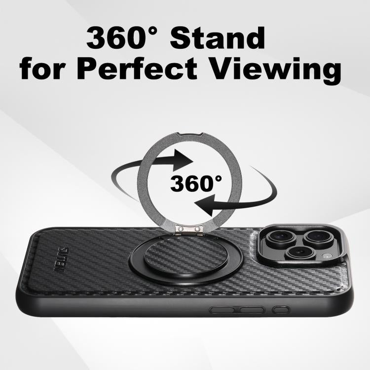 For iPhone 14 Pro Max Suteni G3 Carbon Fiber Leather 360 Rotation Holder MagSafe Phone Case(Black)