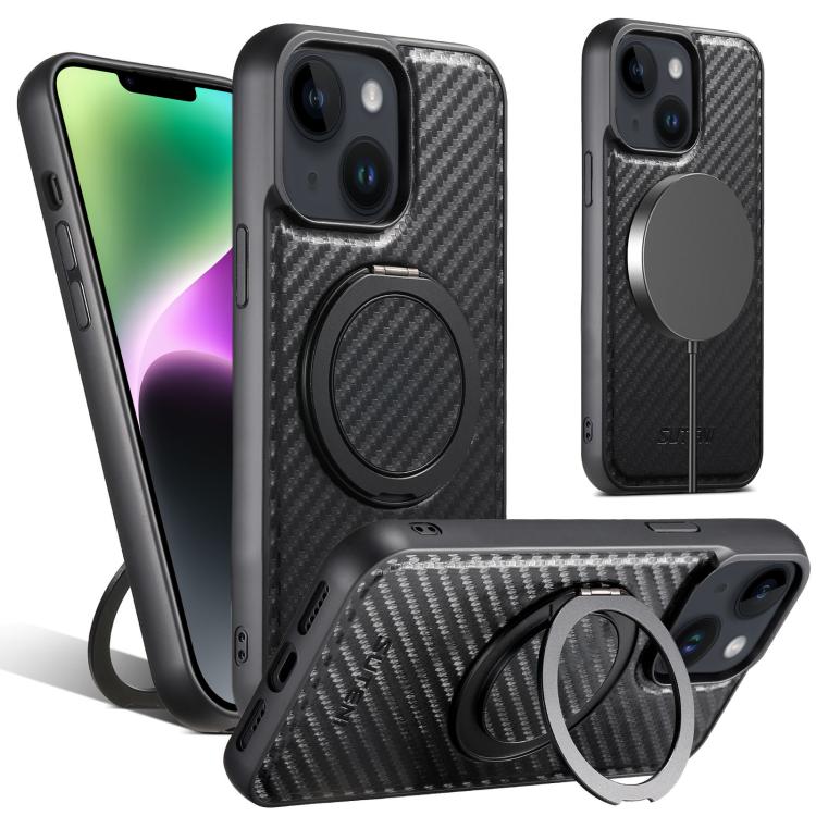 For iPhone 14 Plus Suteni G3 Carbon Fiber Leather 360 Rotation Holder MagSafe Phone Case(Black)