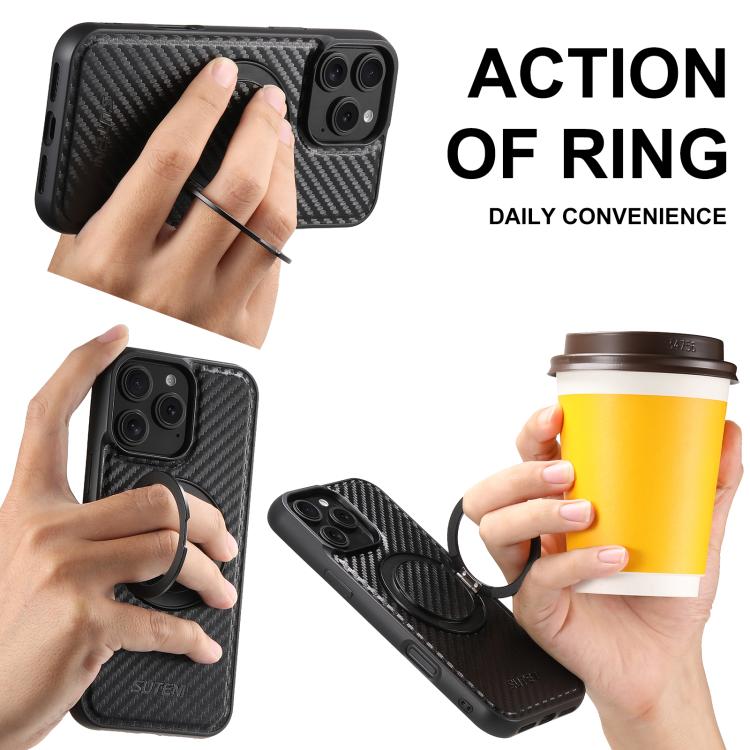 For iPhone 14 Plus Suteni G3 Carbon Fiber Leather 360 Rotation Holder MagSafe Phone Case(Black)
