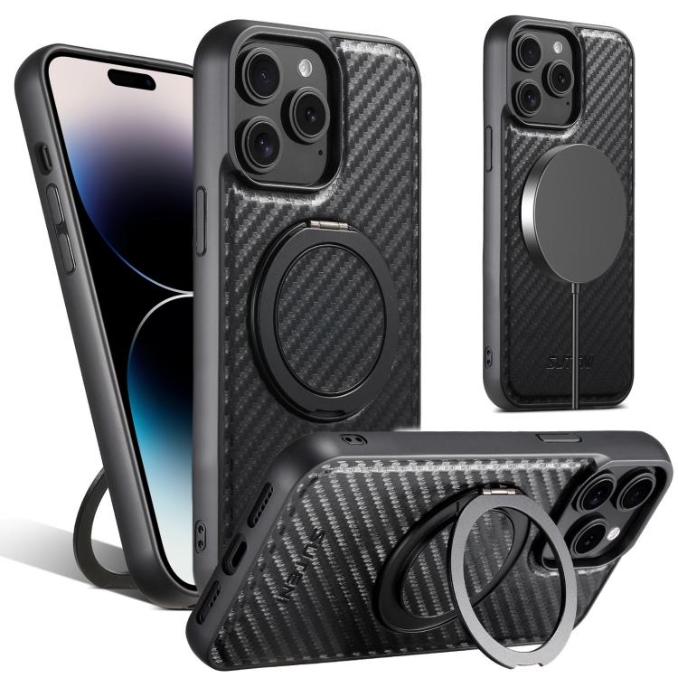 For iPhone 14 Pro Suteni G3 Carbon Fiber Leather 360 Rotation Holder MagSafe Phone Case(Black)