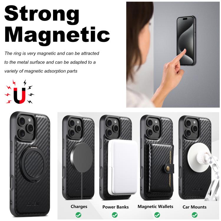 For iPhone 13 Pro Max Suteni G3 Carbon Fiber Leather 360 Rotation Holder MagSafe Phone Case(Black)