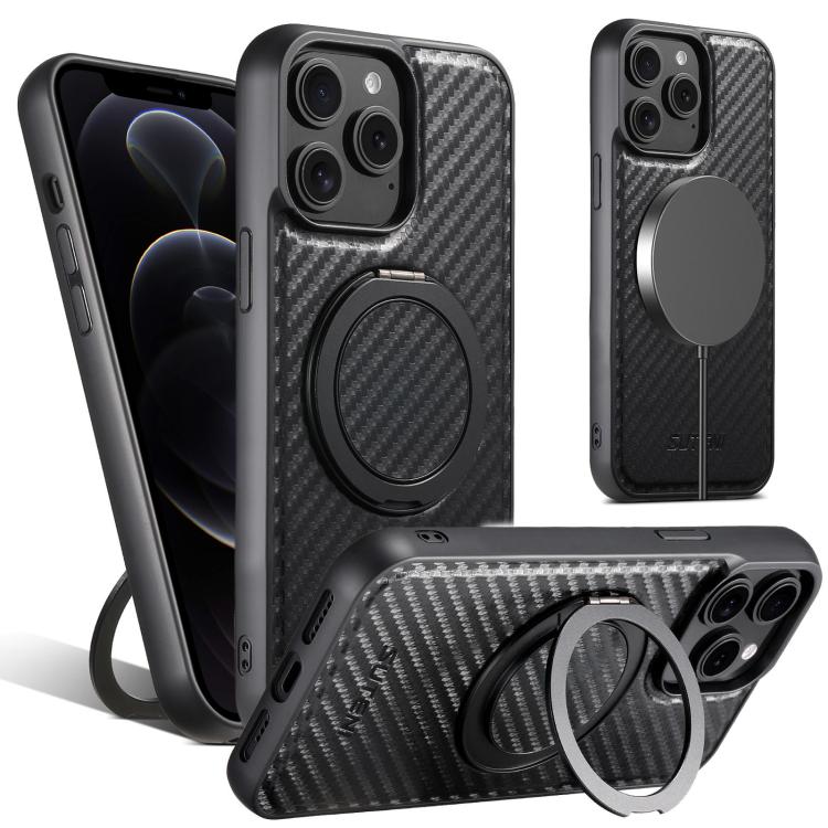 For iPhone 12 Pro Max Suteni G3 Carbon Fiber Leather 360 Rotation Holder MagSafe Phone Case(Black)
