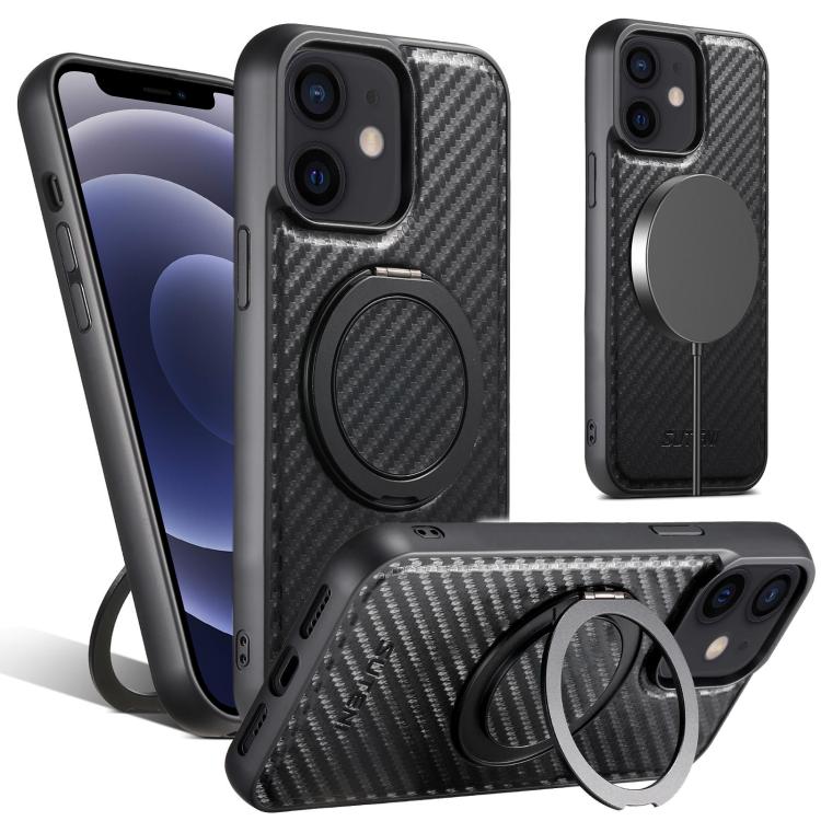 For iPhone 12 / 12 Pro Suteni G3 Carbon Fiber Leather 360 Rotation Holder MagSafe Phone Case(Black)