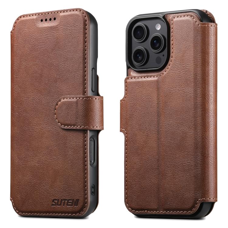 For iPhone 16 Pro Suteni Q05 2-in-1 Multi-function Detachable Wallet MagSafe Phone Case(Brown)