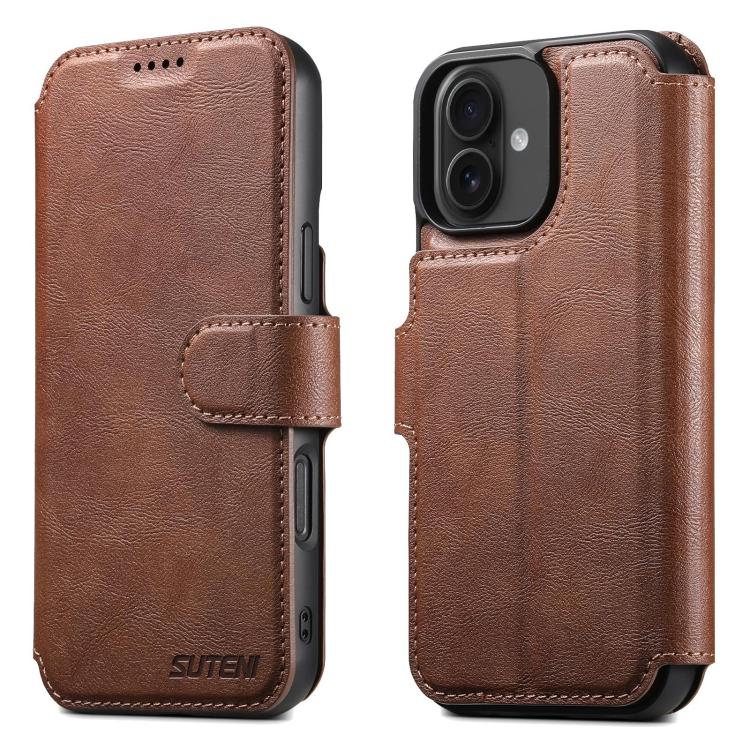 For iPhone 16 Plus Suteni Q05 2-in-1 Multi-function Detachable Wallet MagSafe Phone Case(Brown)