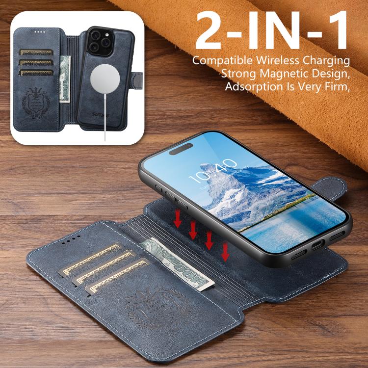 For iPhone 16 Plus Suteni Q05 2-in-1 Multi-function Detachable Wallet MagSafe Phone Case(Blue)