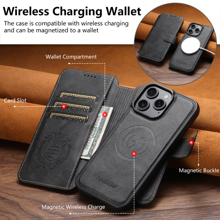 For iPhone 15 Plus Suteni Q05 2-in-1 Multi-function Detachable Wallet MagSafe Phone Case(Black)