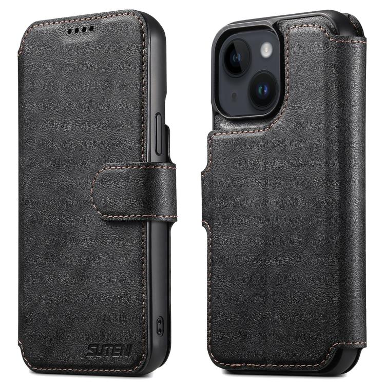 For iPhone 14 Plus Suteni Q05 2-in-1 Multi-function Detachable Wallet MagSafe Phone Case(Black)