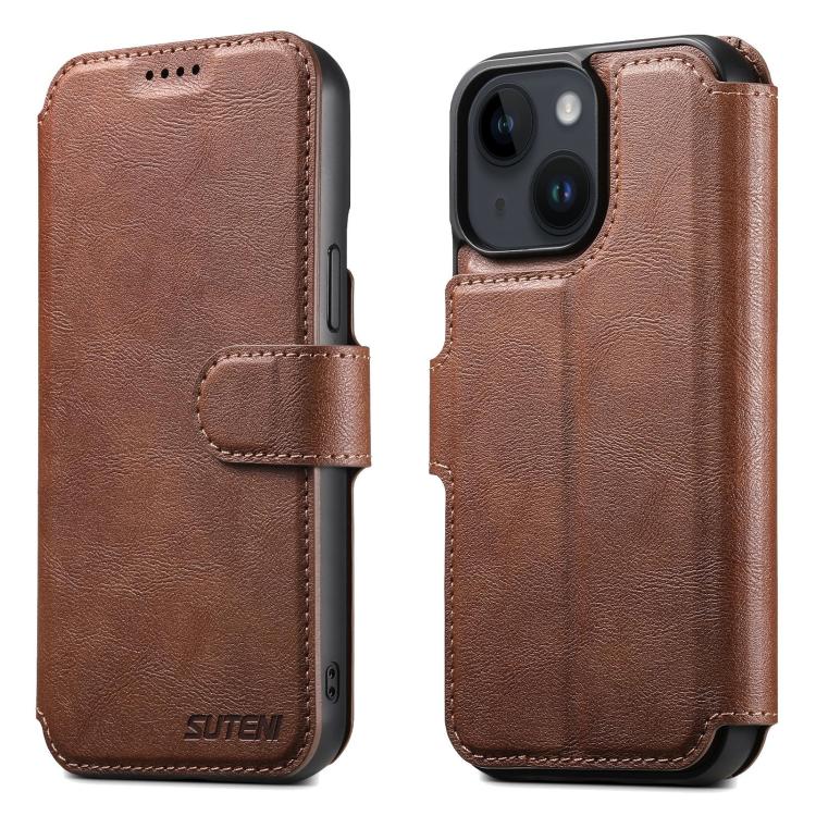 For iPhone 14 Plus Suteni Q05 2-in-1 Multi-function Detachable Wallet MagSafe Phone Case(Brown)