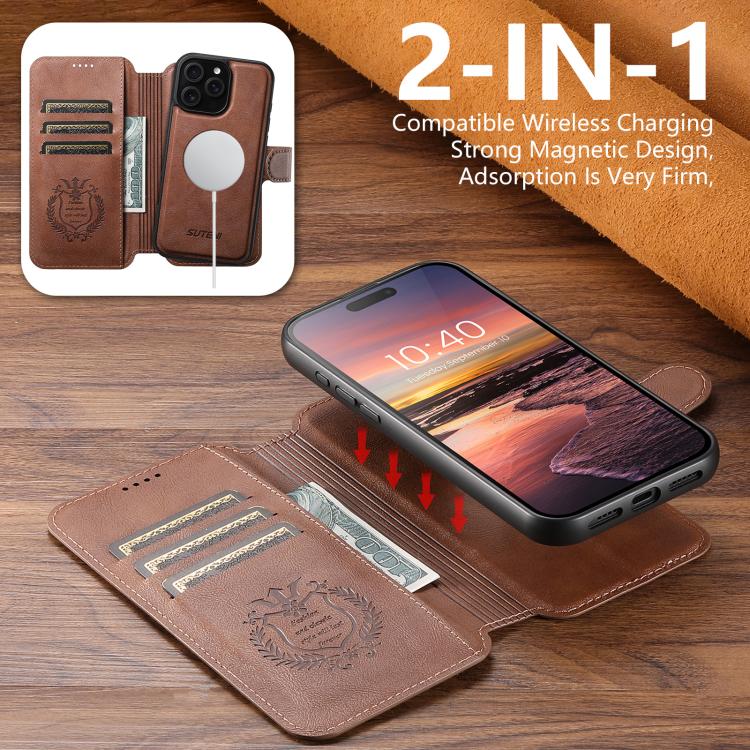 For iPhone 14 Pro Suteni Q05 2-in-1 Multi-function Detachable Wallet MagSafe Phone Case(Brown)