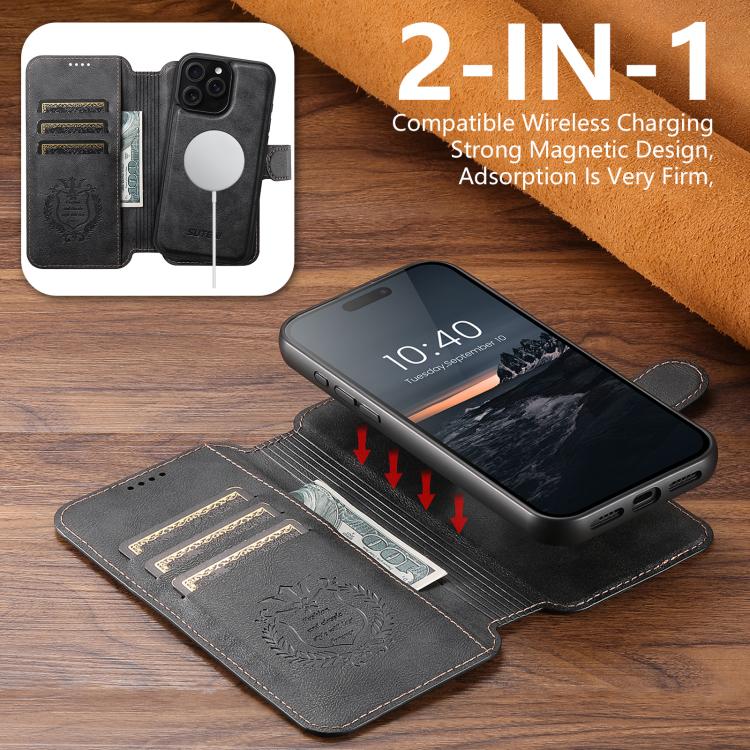 For iPhone 13 Pro Max Suteni Q05 2-in-1 Multi-function Detachable Wallet MagSafe Phone Case(Black)