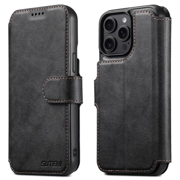 For iPhone 12 Pro Max Suteni Q05 2-in-1 Multi-function Detachable Wallet MagSafe Phone Case(Black)