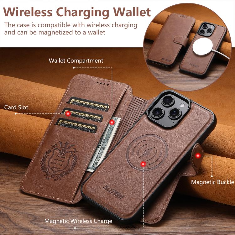 For iPhone 12 Suteni Q05 2-in-1 Multi-function Detachable Wallet MagSafe Phone Case(Brown)