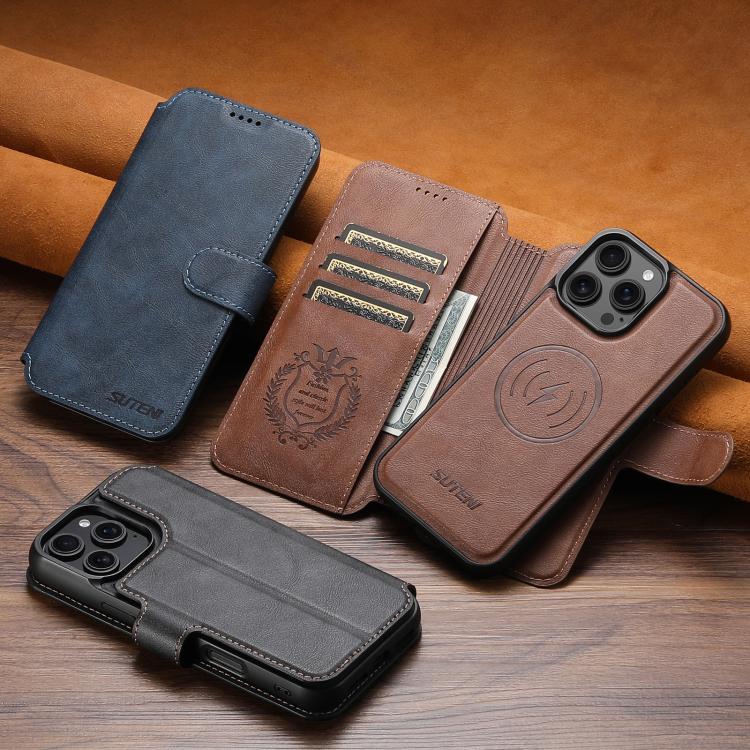 For iPhone 16 Plus Suteni Q05 2-in-1 Multi-function Detachable Wallet MagSafe Phone Case(Brown)