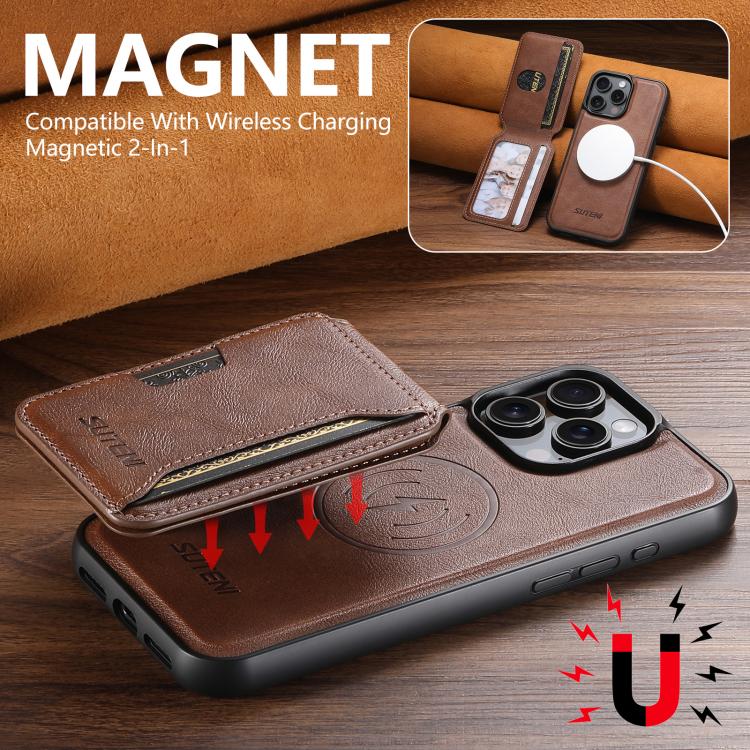 For iPhone 16 Pro Suteni M3 Card Bag MagSafe Cowhide Texture Leather Phone Case(Brown)
