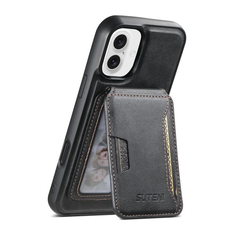 For iPhone 16 Plus Suteni M3 Card Bag MagSafe Cowhide Texture Leather Phone Case(Black)