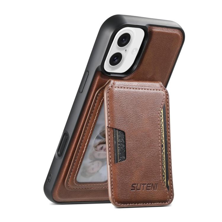 For iPhone 16 Plus Suteni M3 Card Bag MagSafe Cowhide Texture Leather Phone Case(Brown)