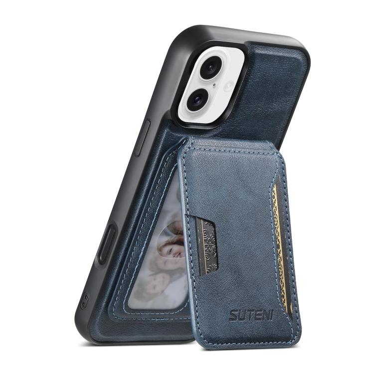 For iPhone 16 Plus Suteni M3 Card Bag MagSafe Cowhide Texture Leather Phone Case(Blue)