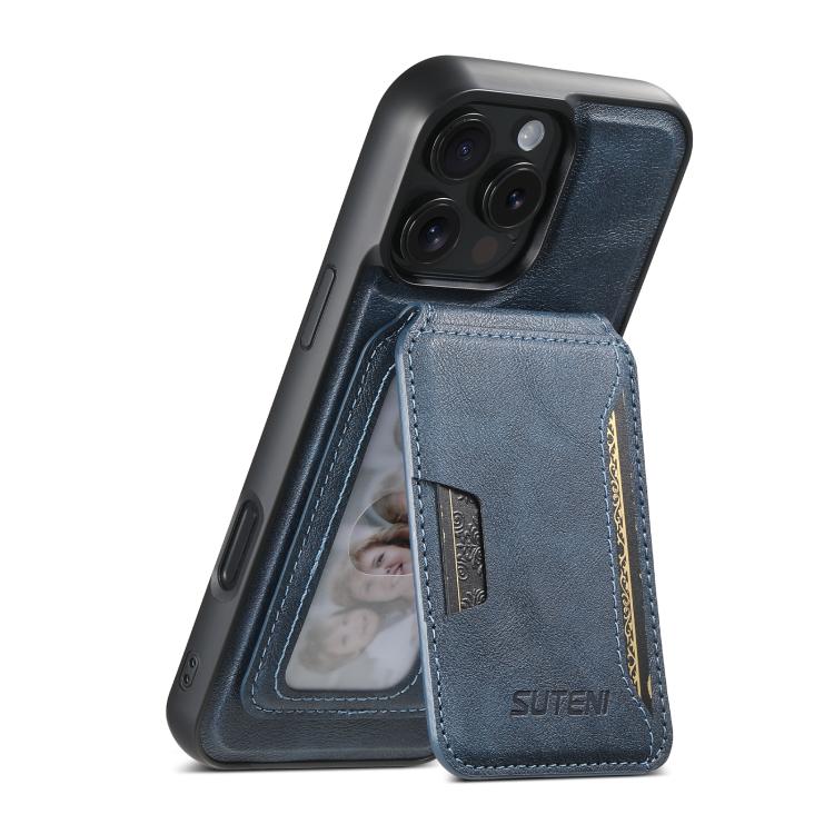 For iPhone 15 Pro Max Suteni M3 Card Bag MagSafe Cowhide Texture Leather Phone Case(Blue)