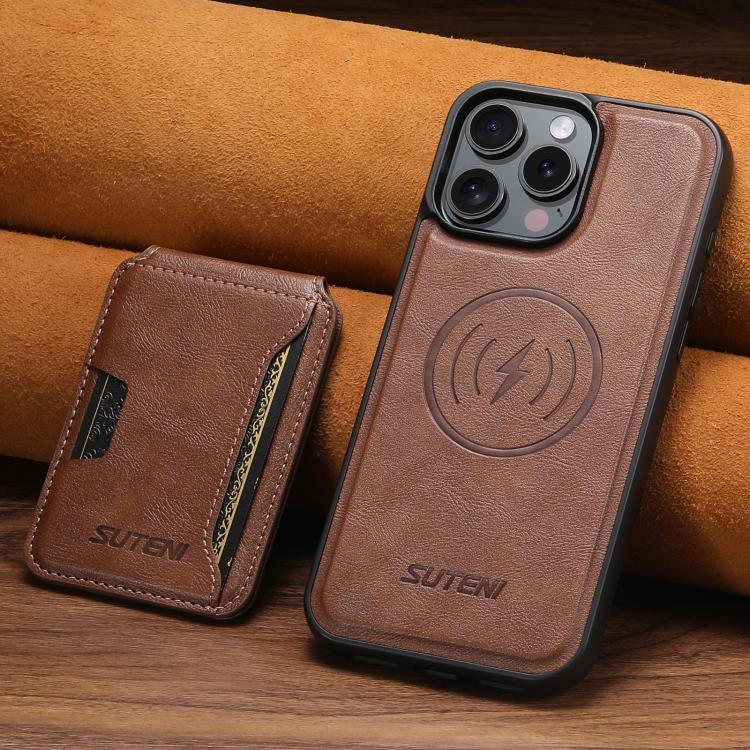 For iPhone 15 Plus Suteni M3 Card Bag MagSafe Cowhide Texture Leather Phone Case(Brown)