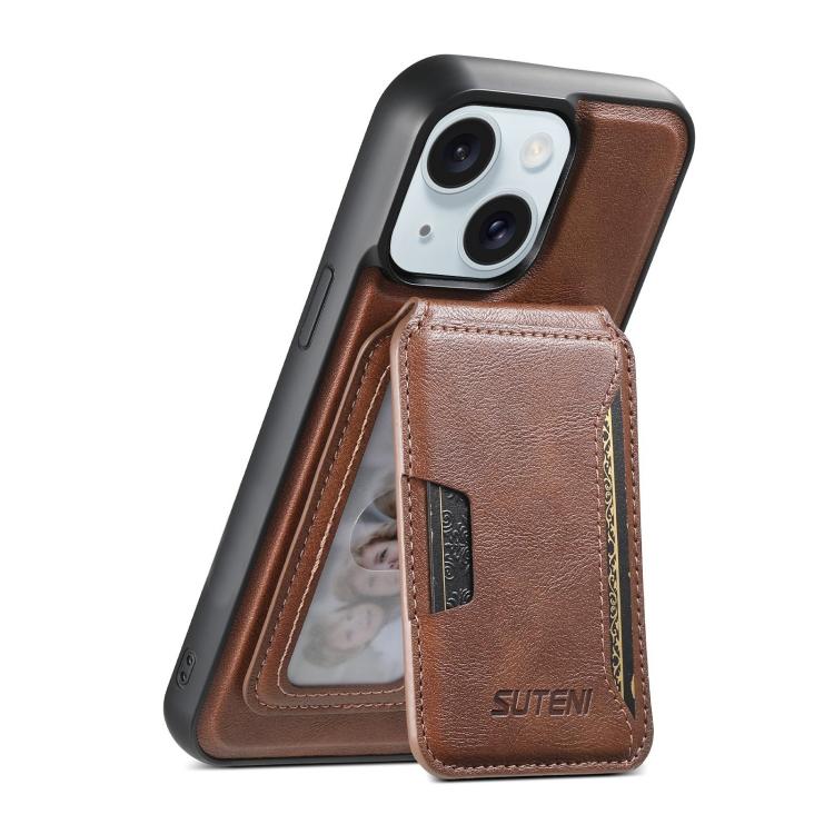 For iPhone 15 Plus Suteni M3 Card Bag MagSafe Cowhide Texture Leather Phone Case(Brown)