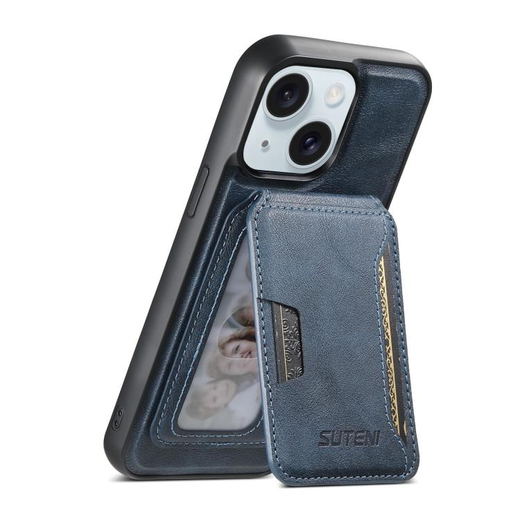 For iPhone 15 Plus Suteni M3 Card Bag MagSafe Cowhide Texture Leather Phone Case(Blue)