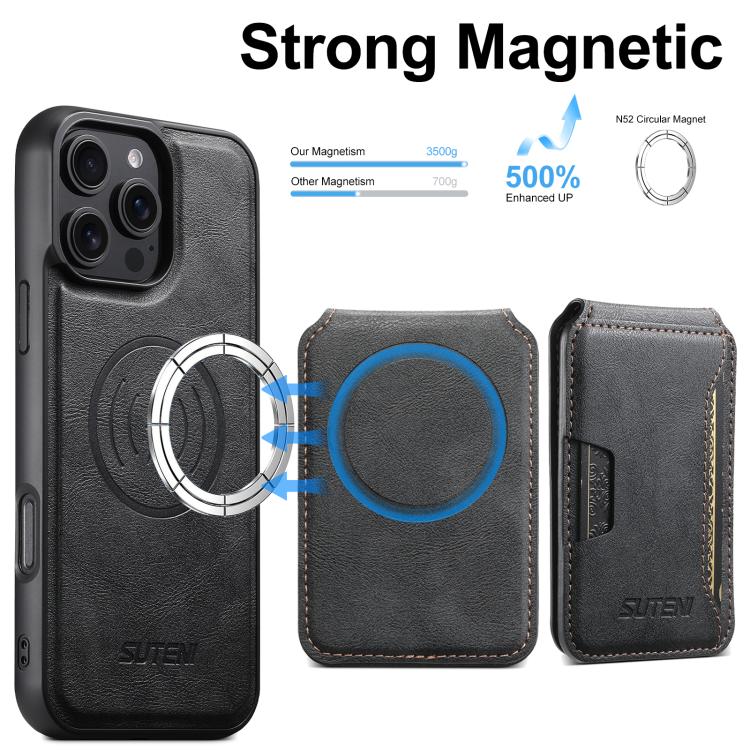 For iPhone 15 Suteni M3 Card Bag MagSafe Cowhide Texture Leather Phone Case(Black)