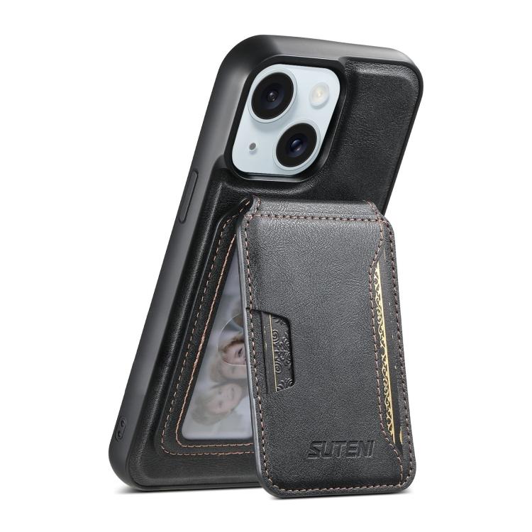 For iPhone 15 Suteni M3 Card Bag MagSafe Cowhide Texture Leather Phone Case(Black)