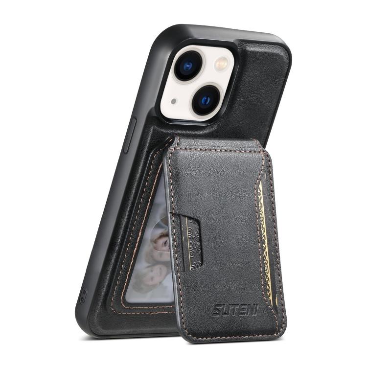 For iPhone 14 Plus Suteni M3 Card Bag MagSafe Cowhide Texture Leather Phone Case(Black)