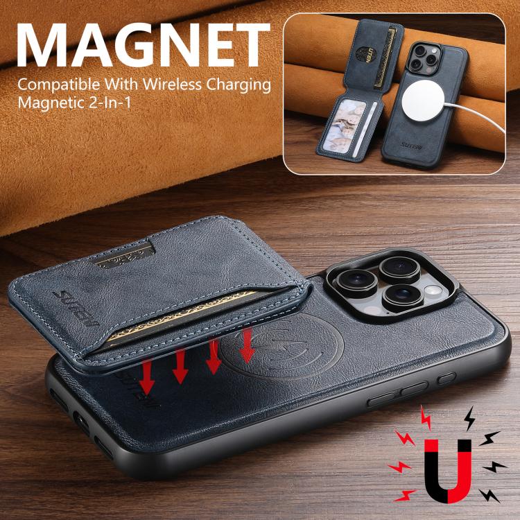 For iPhone 14 Plus Suteni M3 Card Bag MagSafe Cowhide Texture Leather Phone Case(Blue)