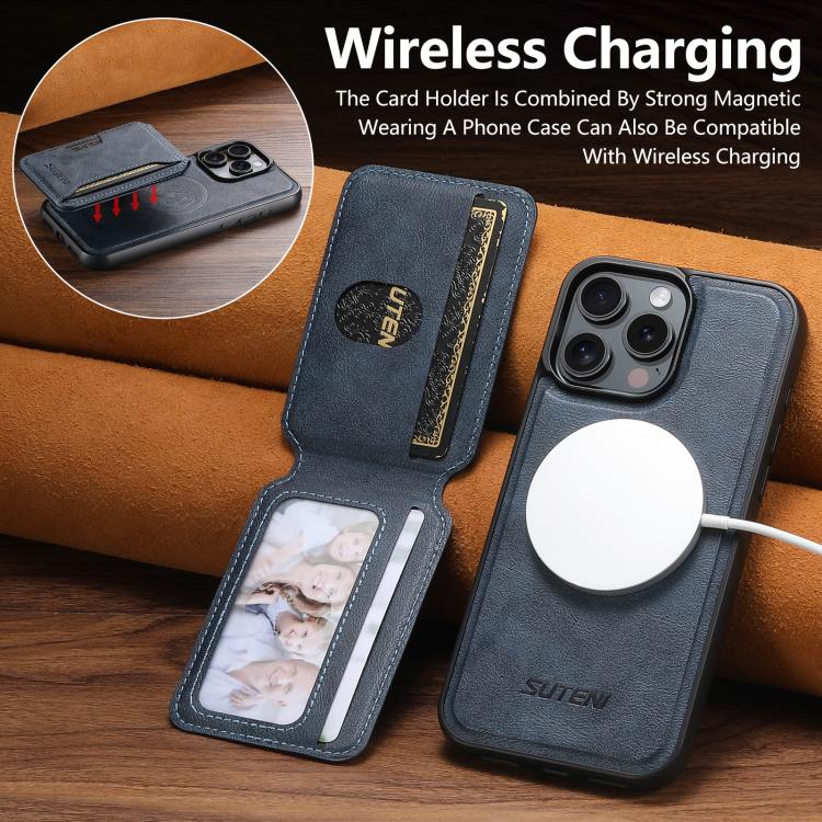 For iPhone 14 Plus Suteni M3 Card Bag MagSafe Cowhide Texture Leather Phone Case(Blue)