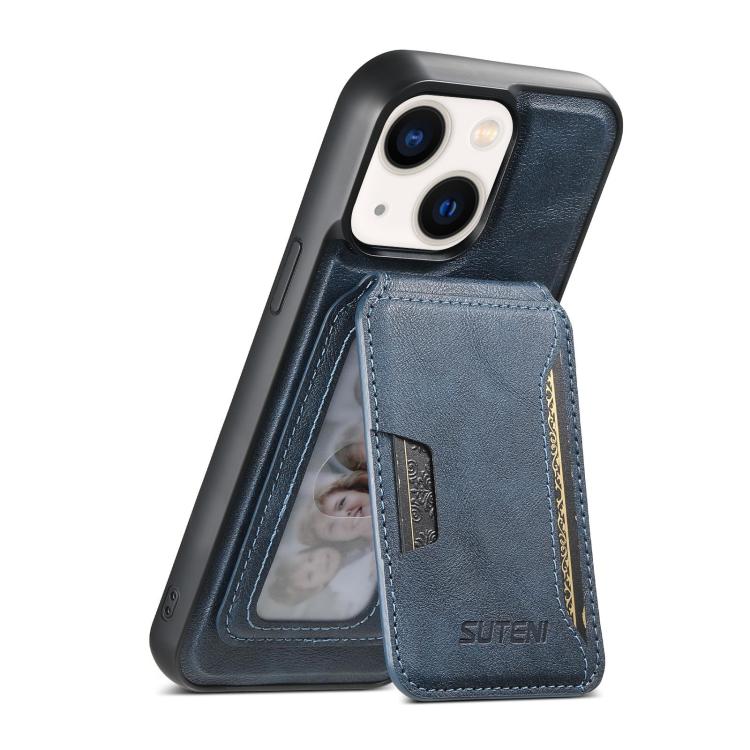 For iPhone 14 Plus Suteni M3 Card Bag MagSafe Cowhide Texture Leather Phone Case(Blue)