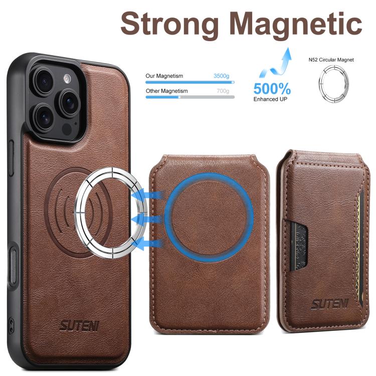 For iPhone 14 Suteni M3 Card Bag MagSafe Cowhide Texture Leather Phone Case(Brown)