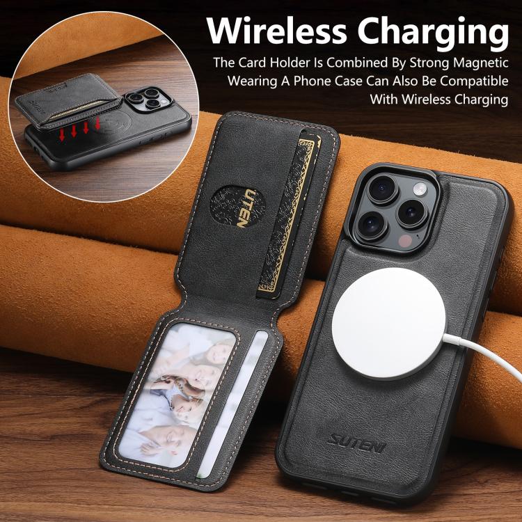 For iPhone 14 Pro Max Suteni M3 Card Bag MagSafe Cowhide Texture Leather Phone Case(Black)