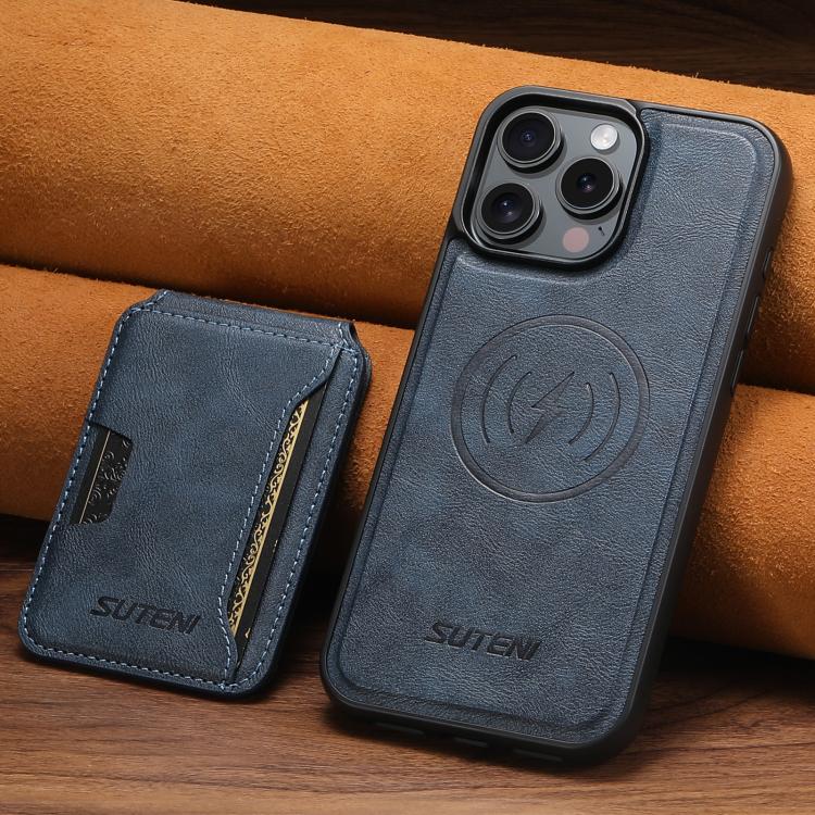 For iPhone 13 Suteni M3 Card Bag MagSafe Cowhide Texture Leather Phone Case(Blue)