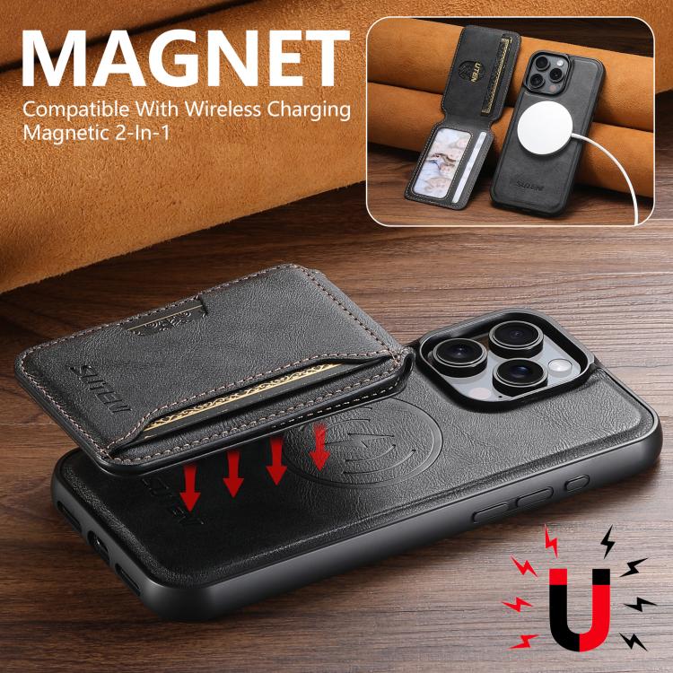 For iPhone 12 Suteni M3 Card Bag MagSafe Cowhide Texture Leather Phone Case(Black)