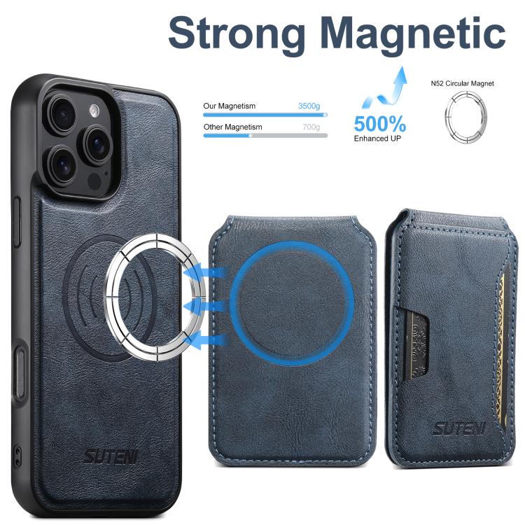 For iPhone 12 Suteni M3 Card Bag MagSafe Cowhide Texture Leather Phone Case(Blue)