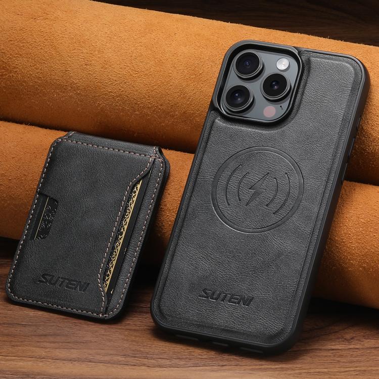 For iPhone 12 Pro Max Suteni M3 Card Bag MagSafe Cowhide Texture Leather Phone Case(Black)